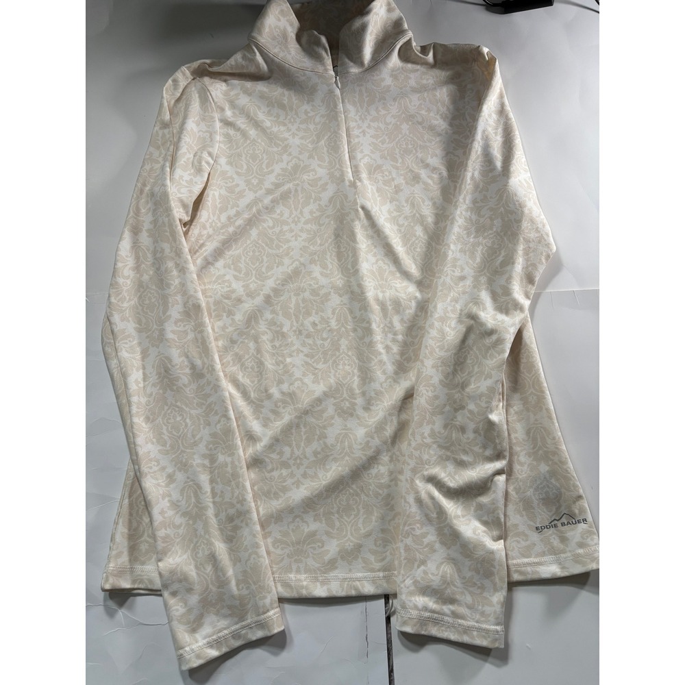 Eddie Bauer Pullover Womens Medium Beige Damask Print Quarter Zip Lightweight